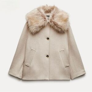 New Zara Manteco Wool Blend Coat Woman Beige Detachable Faux Fur Collar